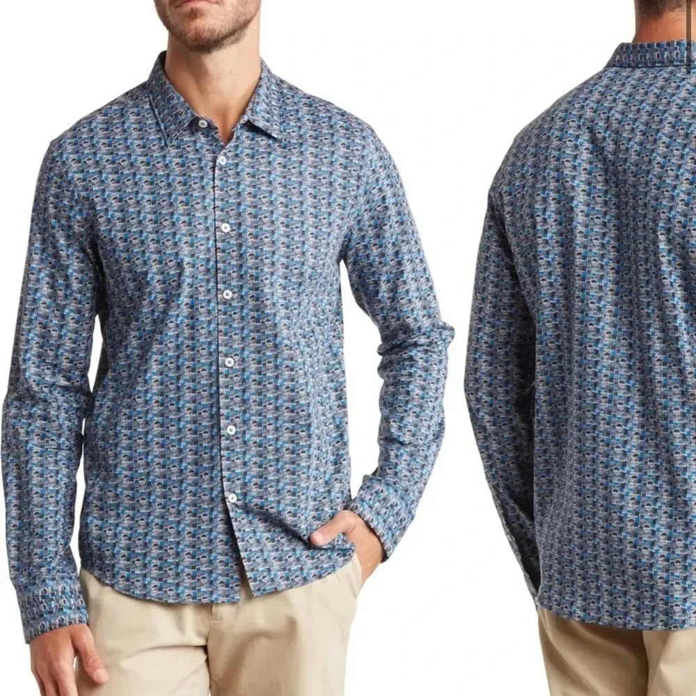 NWT!! GOOD MAN BRAND - Long Sleeve Button-Down Dress Shirt - Blue Sketch Geo